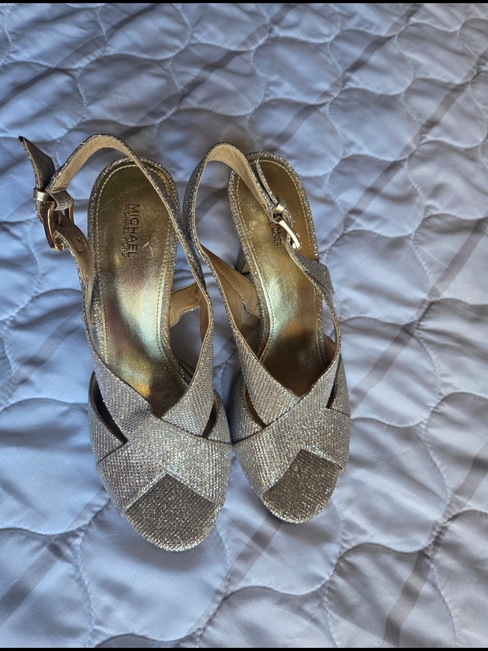 Michael Kors Metallic Gold Glitter Peep-Toe Slingback Heels